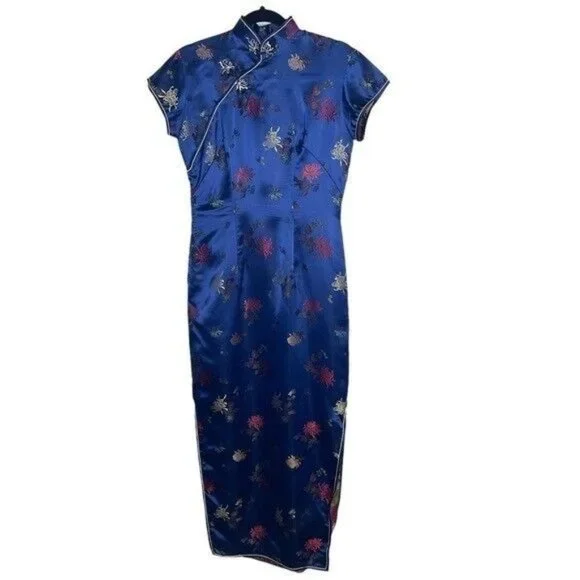 VINTAGE Long Cheongsam Dress Slim Qipao Chinese Lady Satin Dress Gown Size Small - Picture 3 of 11